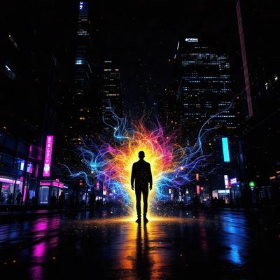 The primary subject of the image is a man standing in the middle of a city street at night. He is wearing a suit and appears to be the focal point of the scene. The setting is a bustling city environment, with buildings and lights surrounding him. The visual style of the image is a combination of photo and digital art, creating a unique and eye-catching effect. The colors and mood of the image are predominantly dark and moody, with the man standing out as a bright and vibrant figure in the midst of the urban nightscape.